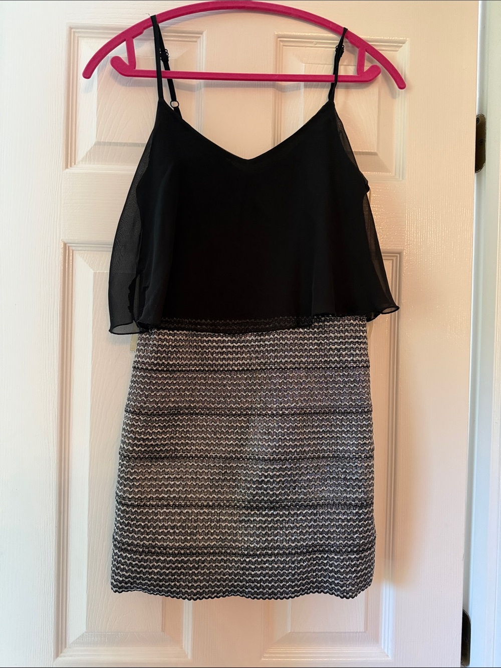 Teeze Me Black Overlay Mini Dress with Gray Patterned Skirt